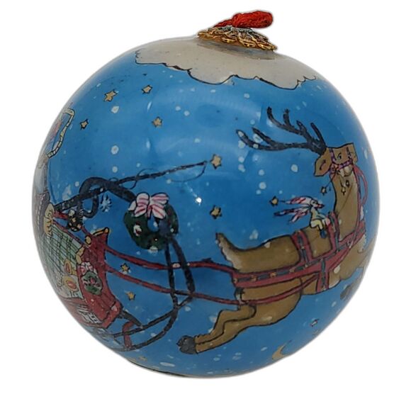 Pier 1 Li Bien Inside Painted Santa Sleigh & Reindeer Glass Ornament VTG w/ Box - Picture 2 of 6